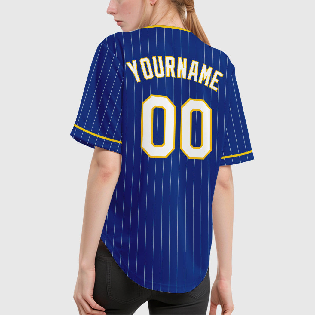 Custom Royal White Yellow Pinstripe Baseball Jersey