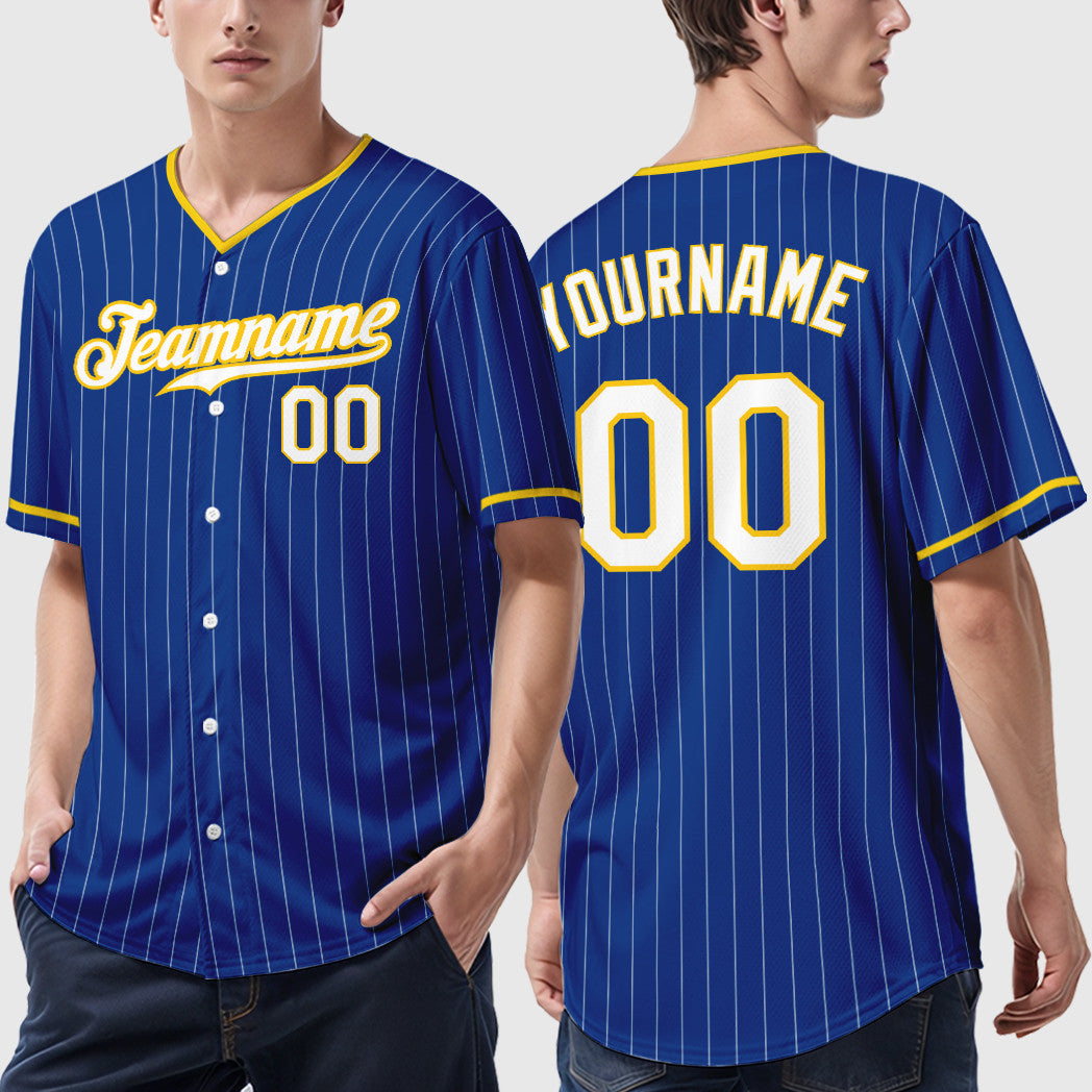 Custom Royal White Yellow Pinstripe Baseball Jersey