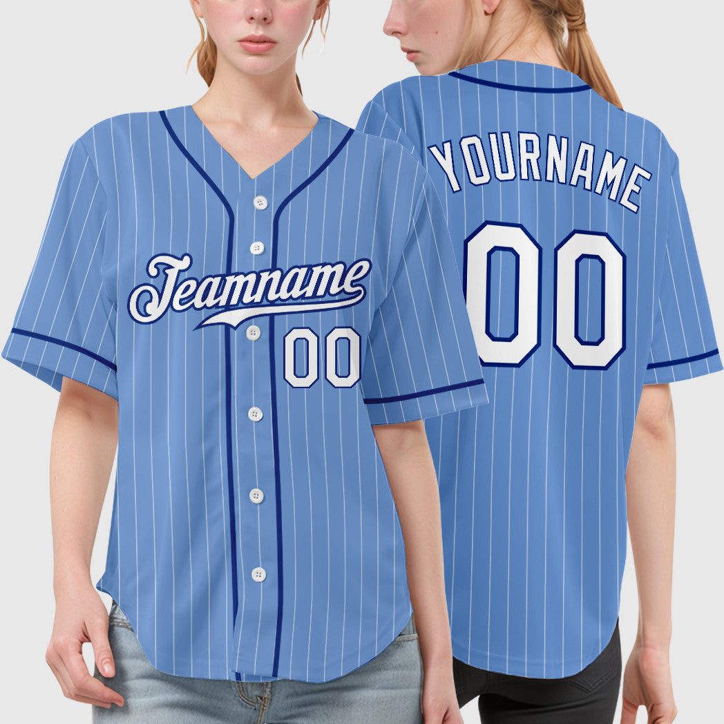 Custom Powder Blue White Royal Piping Pinstripe Baseball Jersey