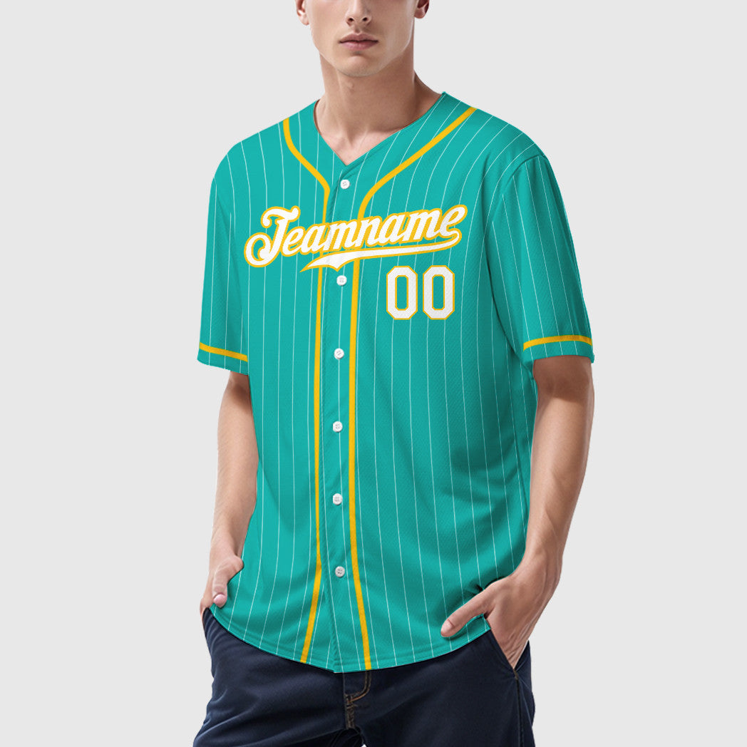 Custom Aqua White White-Yellow Piping Pinstripe Baseball Jersey