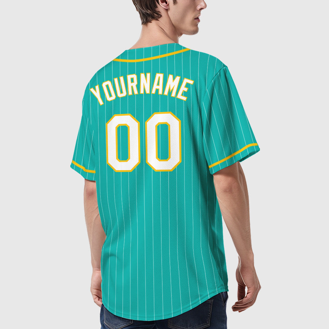 Custom Aqua White White-Yellow Piping Pinstripe Baseball Jersey