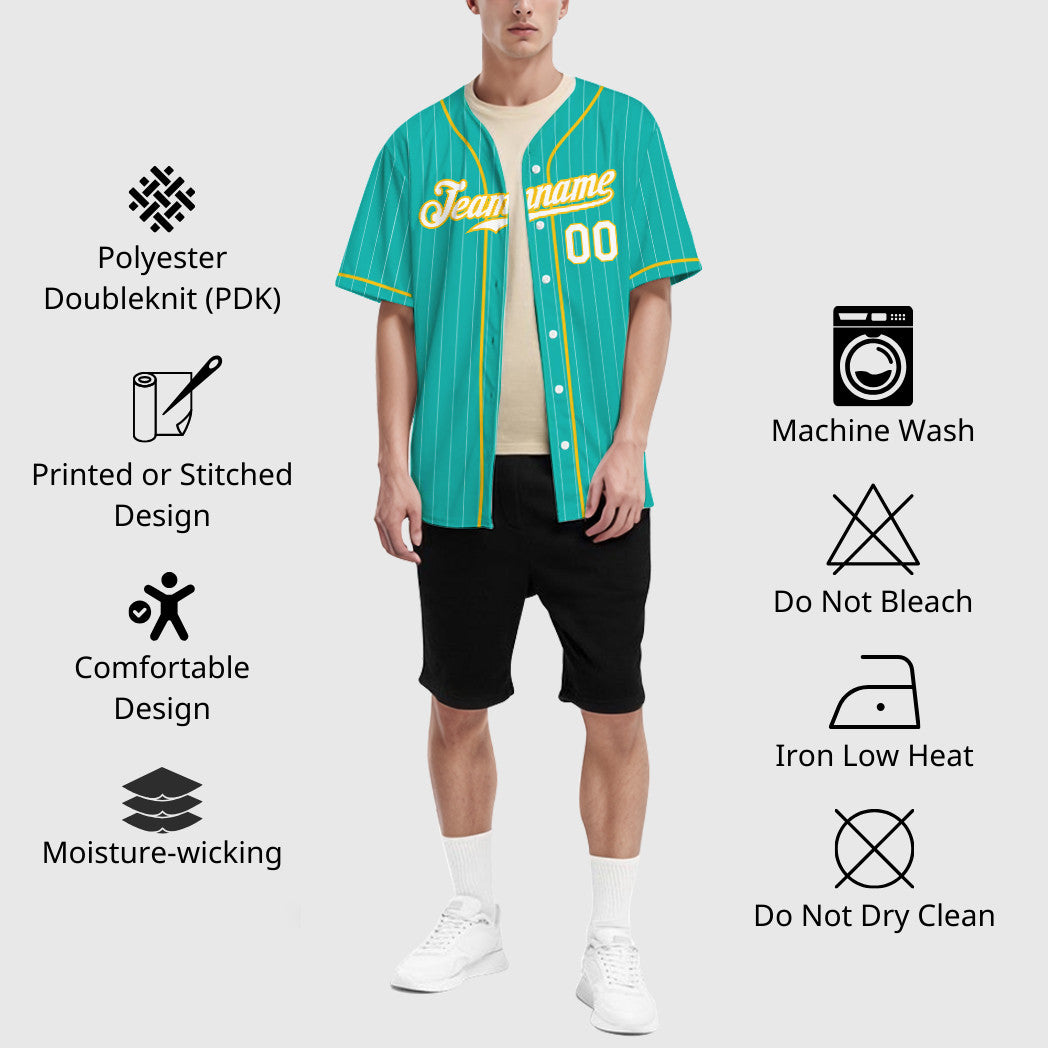 Custom Aqua White White-Yellow Piping Pinstripe Baseball Jersey