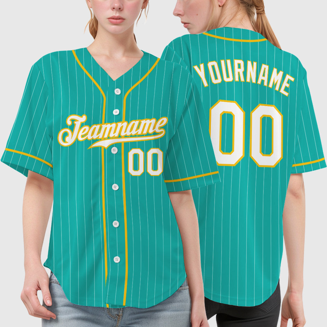 Custom Aqua White White-Yellow Piping Pinstripe Baseball Jersey