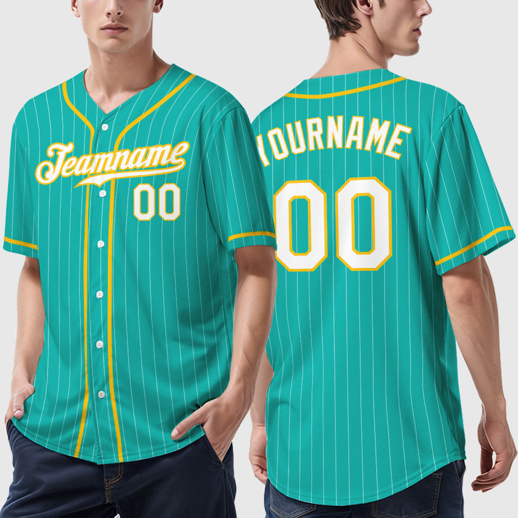 Custom Aqua White White-Yellow Piping Pinstripe Baseball Jersey