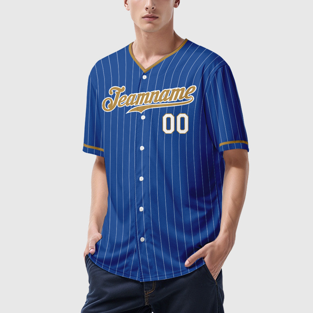 Custom Royal White Old Gold-White Pinstripe Baseball Jersey
