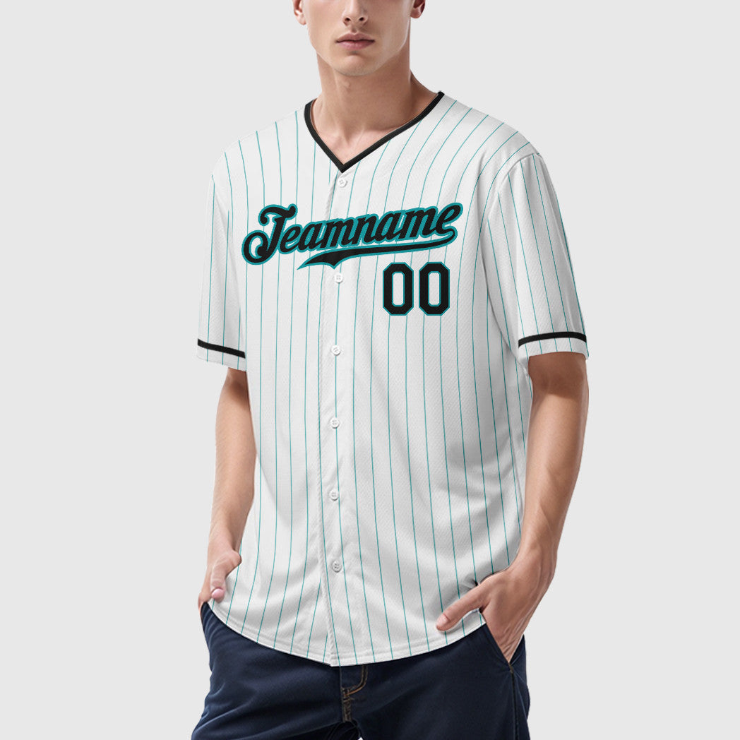 Custom White Teal Black Pinstripe Baseball Jersey