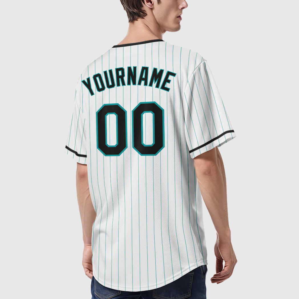 Custom White Teal Black Pinstripe Baseball Jersey