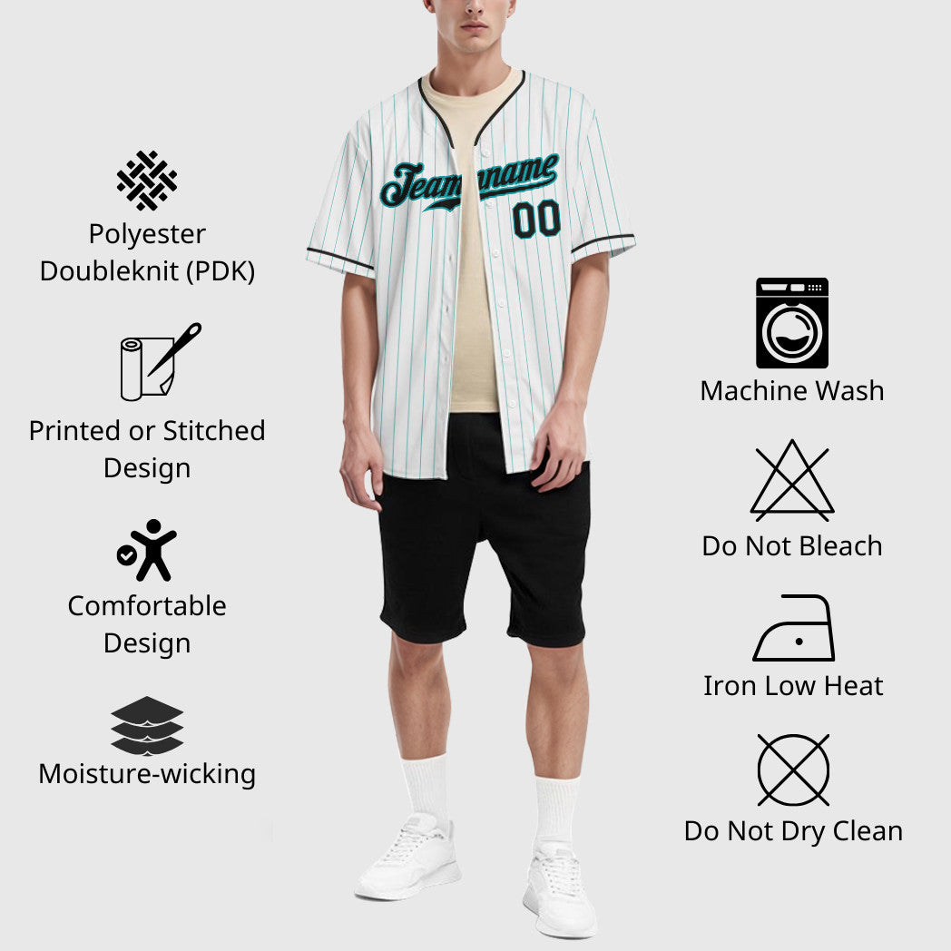 Custom White Teal Black Pinstripe Baseball Jersey