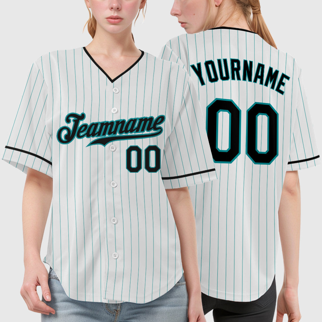 Custom White Teal Black Pinstripe Baseball Jersey