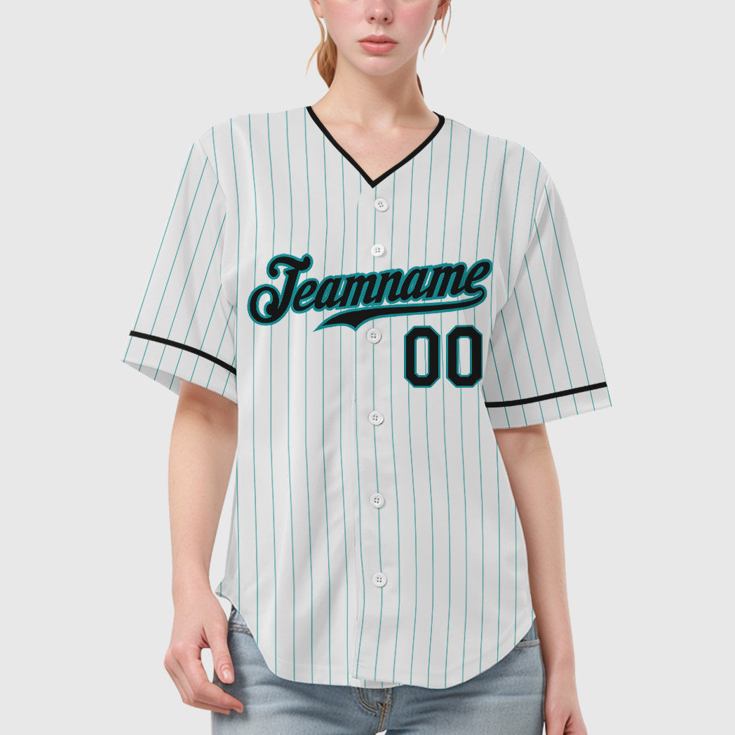 Custom White Teal Black Pinstripe Baseball Jersey