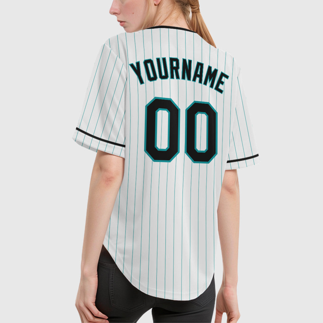 Custom White Teal Black Pinstripe Baseball Jersey