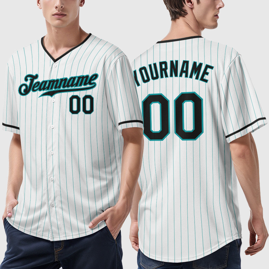 Custom White Teal Black Pinstripe Baseball Jersey