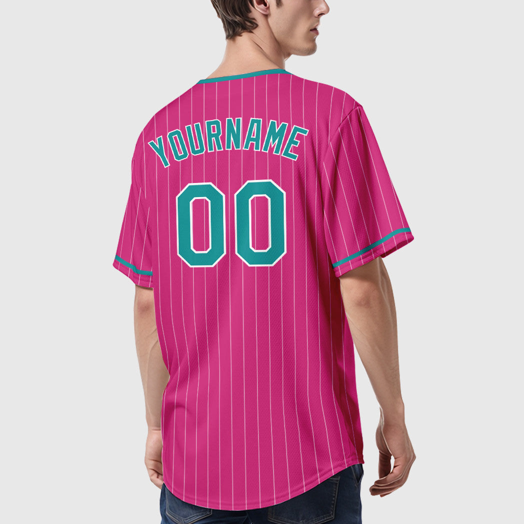 Custom Pink White Teal Pinstripe Baseball Jersey