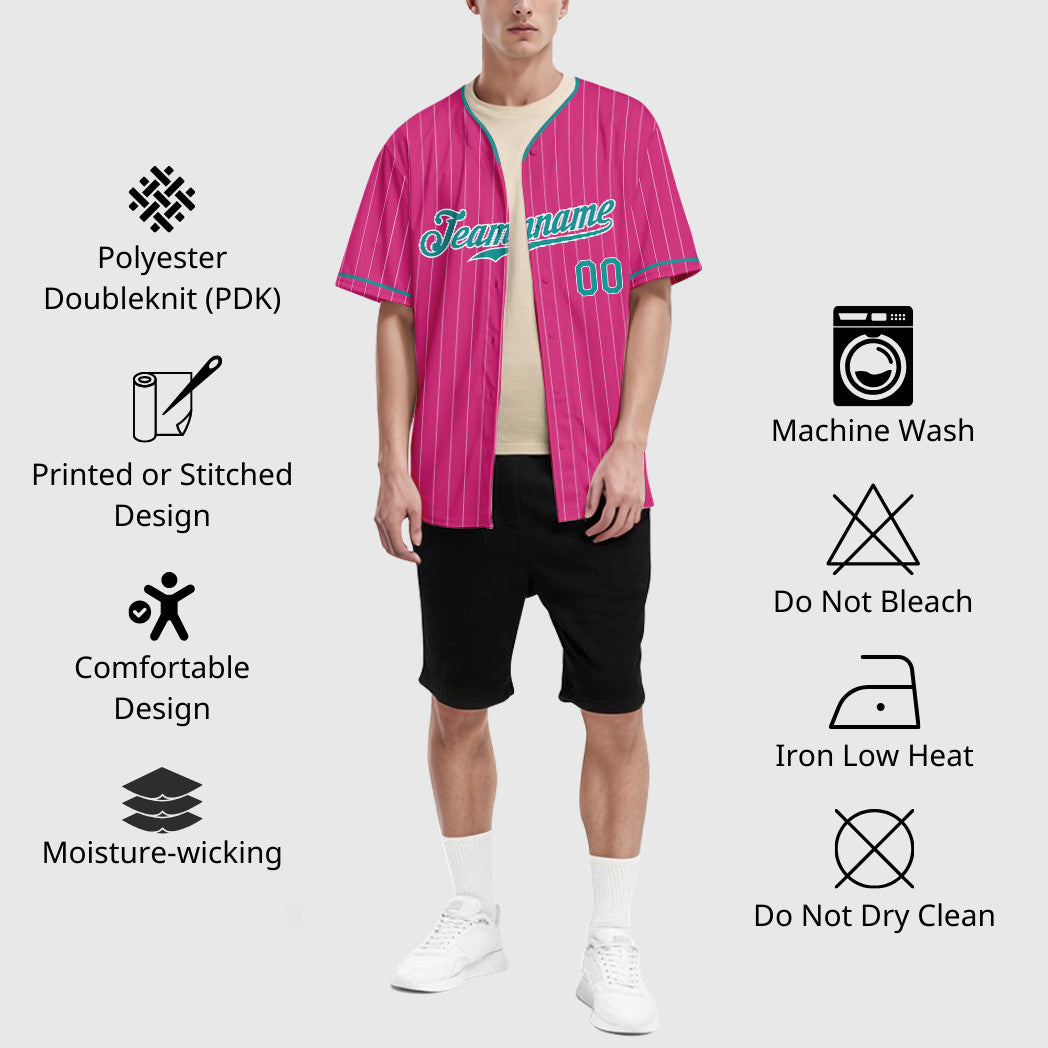 Custom Pink White Teal Pinstripe Baseball Jersey