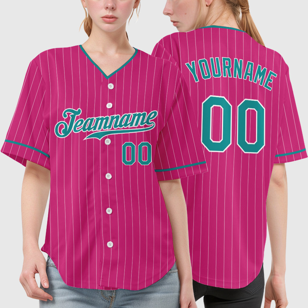 Custom Pink White Teal Pinstripe Baseball Jersey