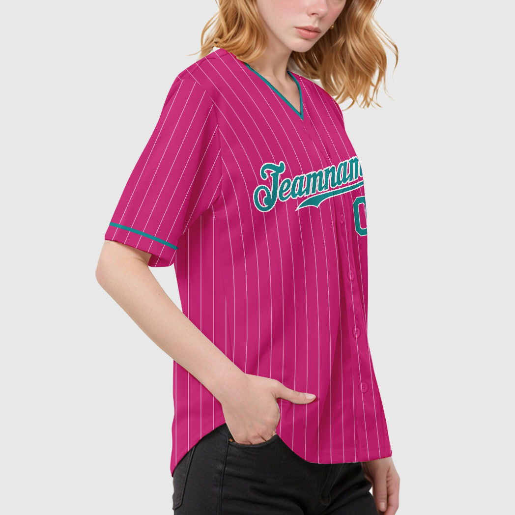 Custom Pink White Teal Pinstripe Baseball Jersey