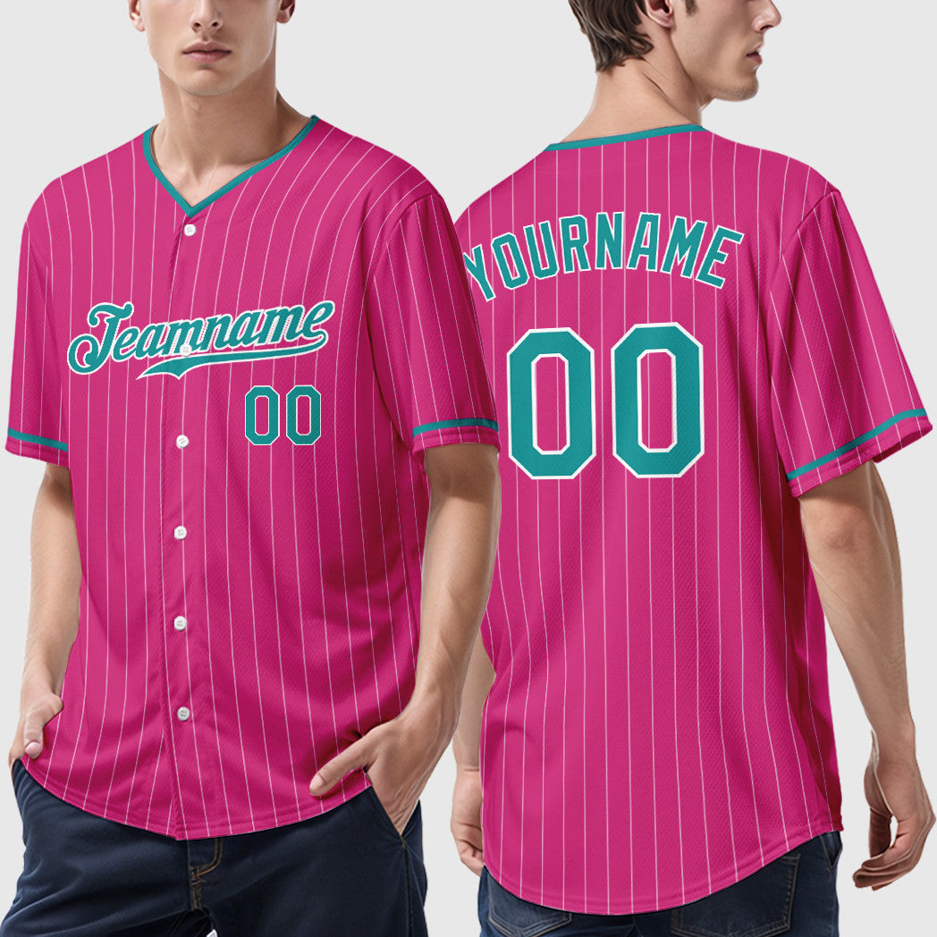 Custom Pink White Teal Pinstripe Baseball Jersey