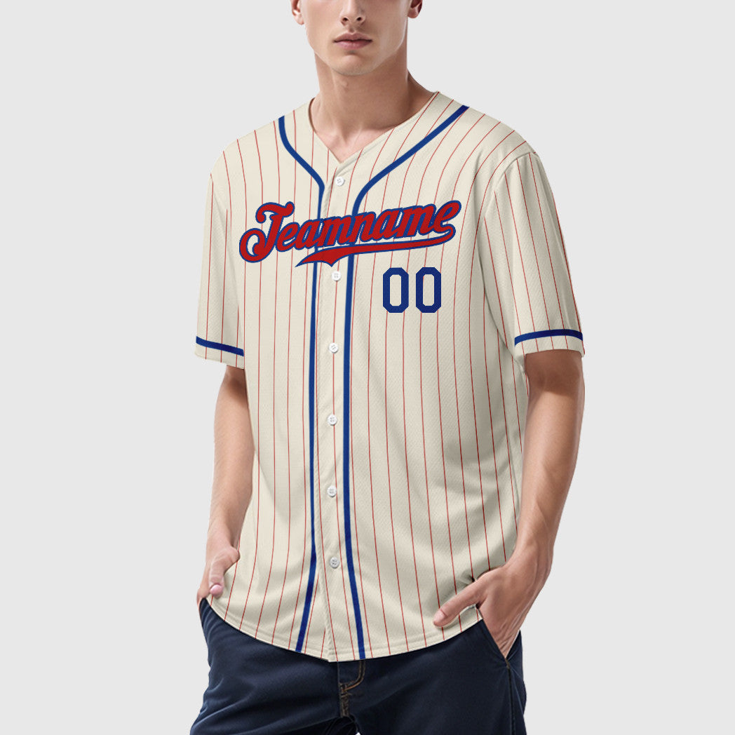 Custom Cream Red Red-Royal Piping Pinstripe Baseball Jersey