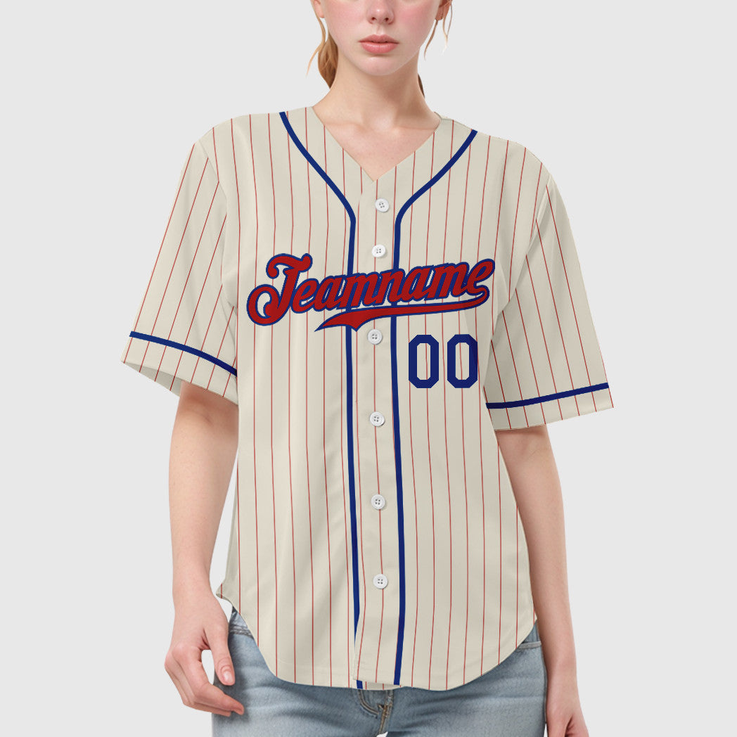 Custom Cream Red Red-Royal Piping Pinstripe Baseball Jersey