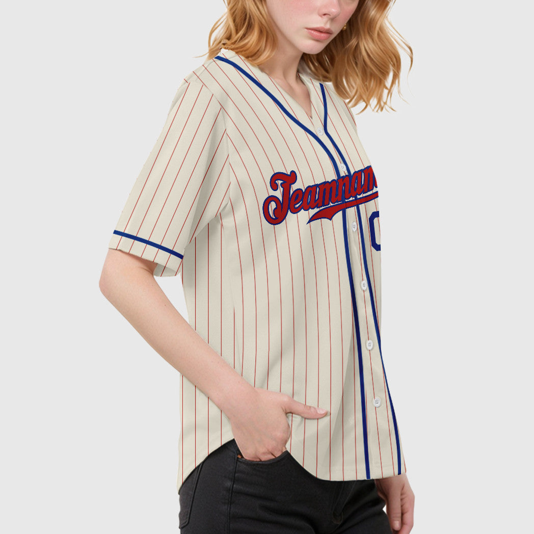 Custom Cream Red Red-Royal Piping Pinstripe Baseball Jersey