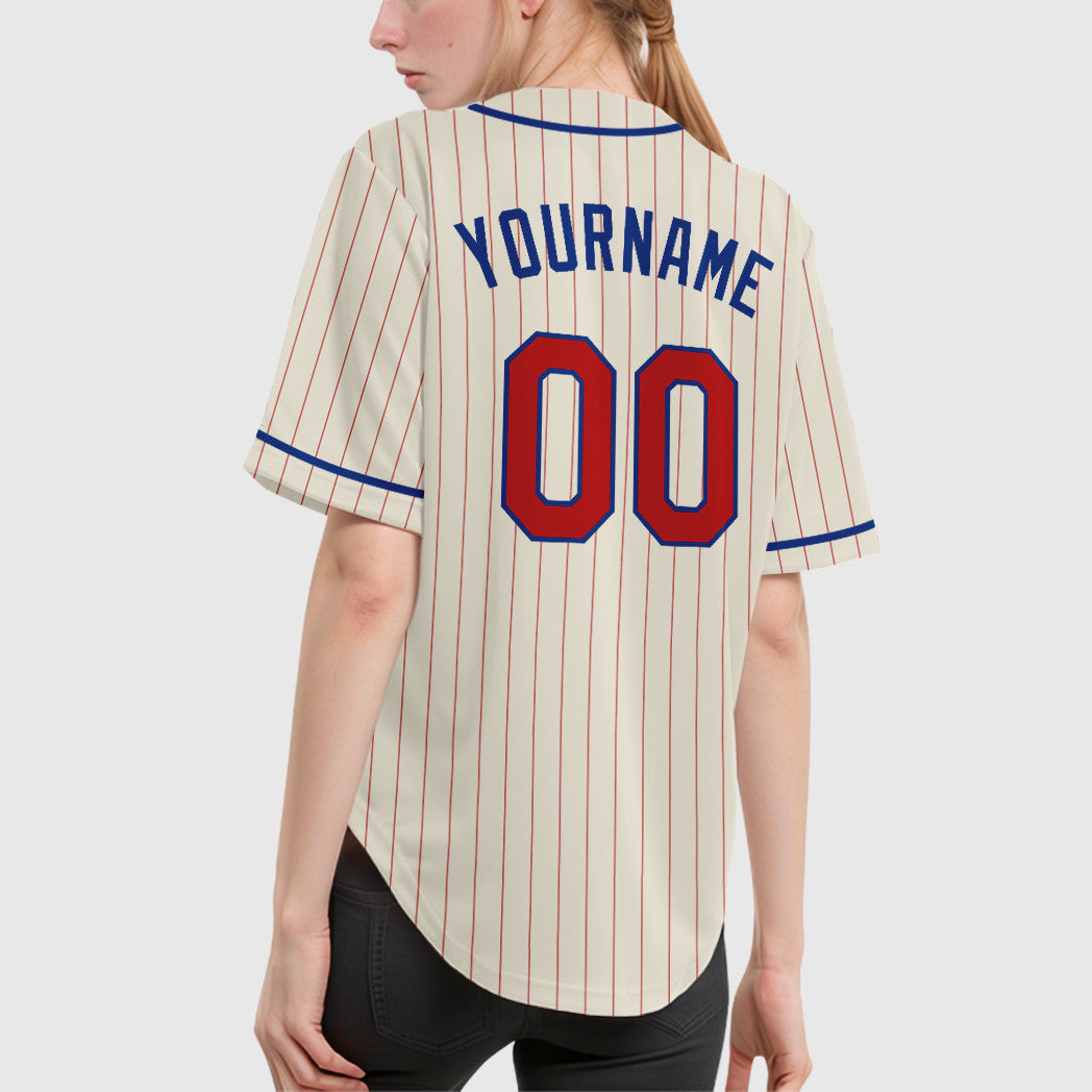 Custom Cream Red Red-Royal Piping Pinstripe Baseball Jersey