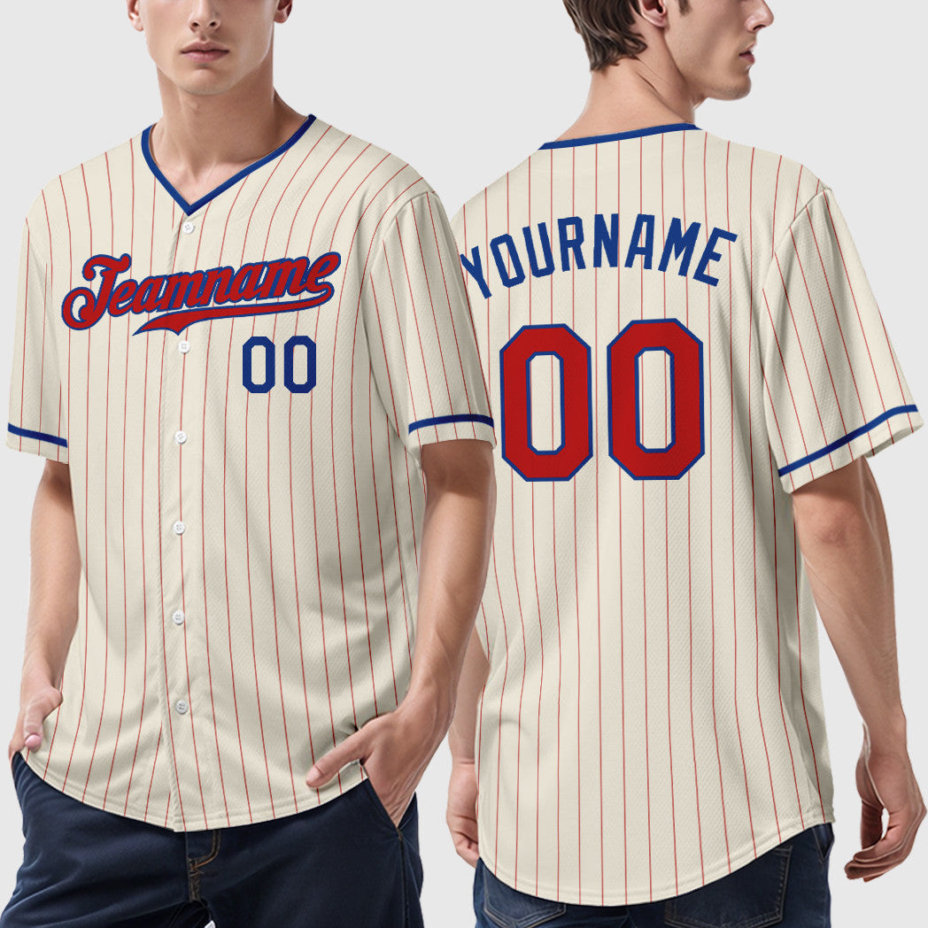 Custom Cream Red Red-Royal Piping Pinstripe Baseball Jersey