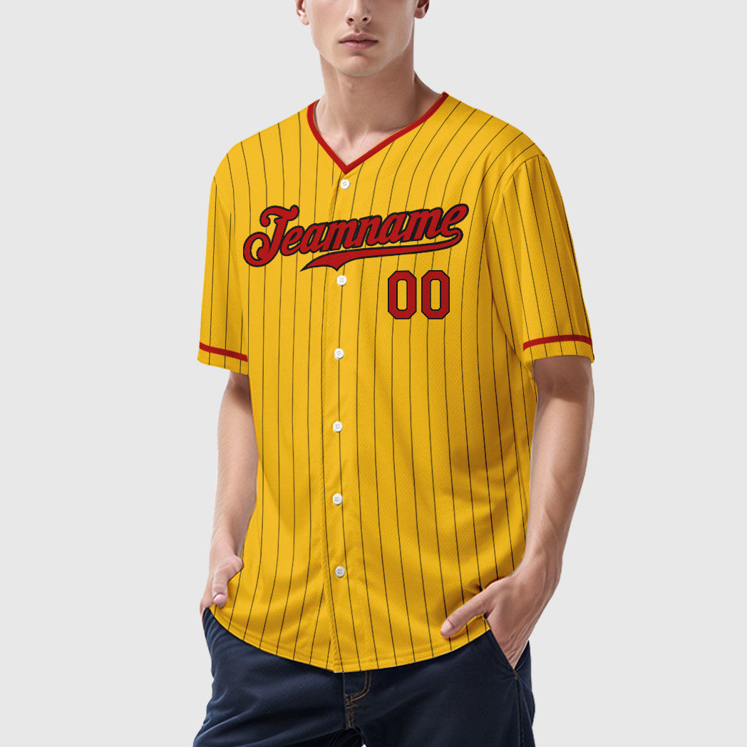 Custom Yellow Black Red-Black Pinstripe Baseball Jersey