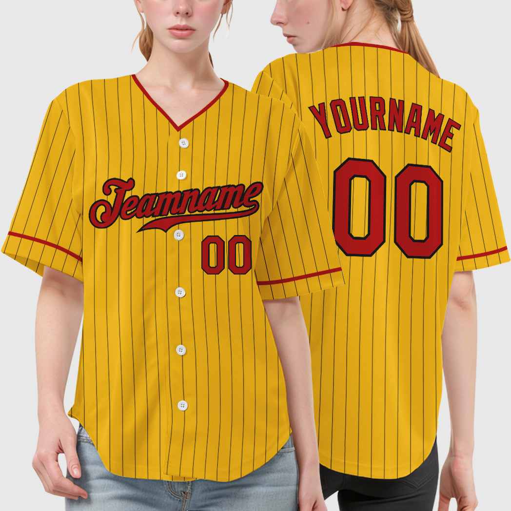 Custom Yellow Black Red-Black Pinstripe Baseball Jersey
