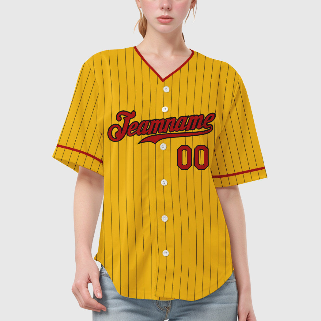Custom Yellow Black Red-Black Pinstripe Baseball Jersey