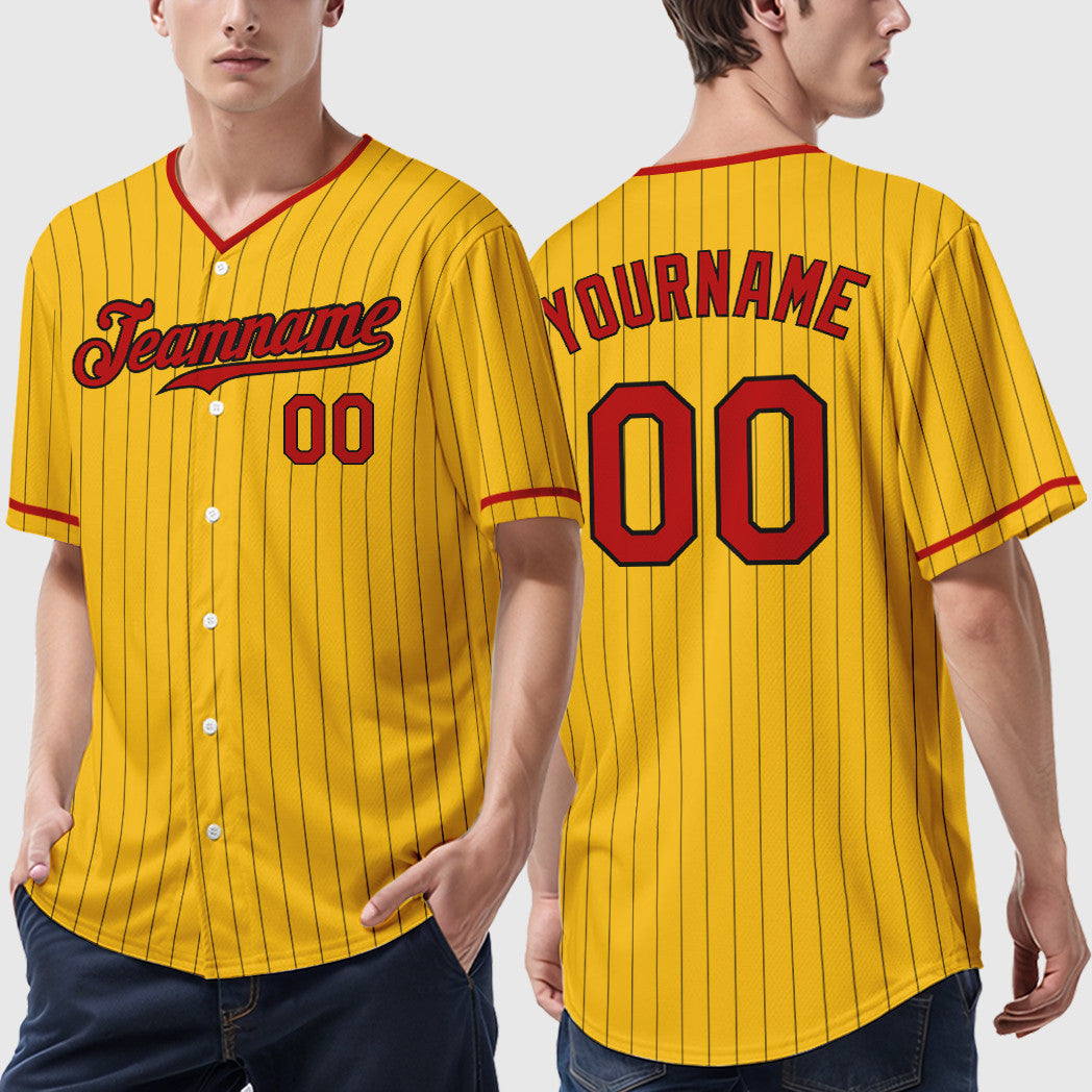 Custom Yellow Black Red-Black Pinstripe Baseball Jersey