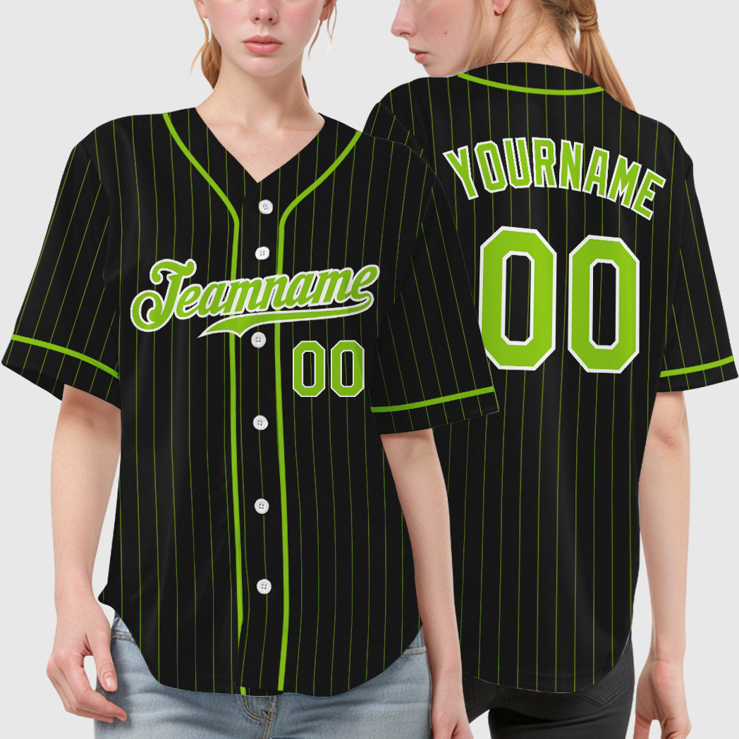 Custom Black Neon Green Neon Green Piping Pinstripe Baseball Jersey