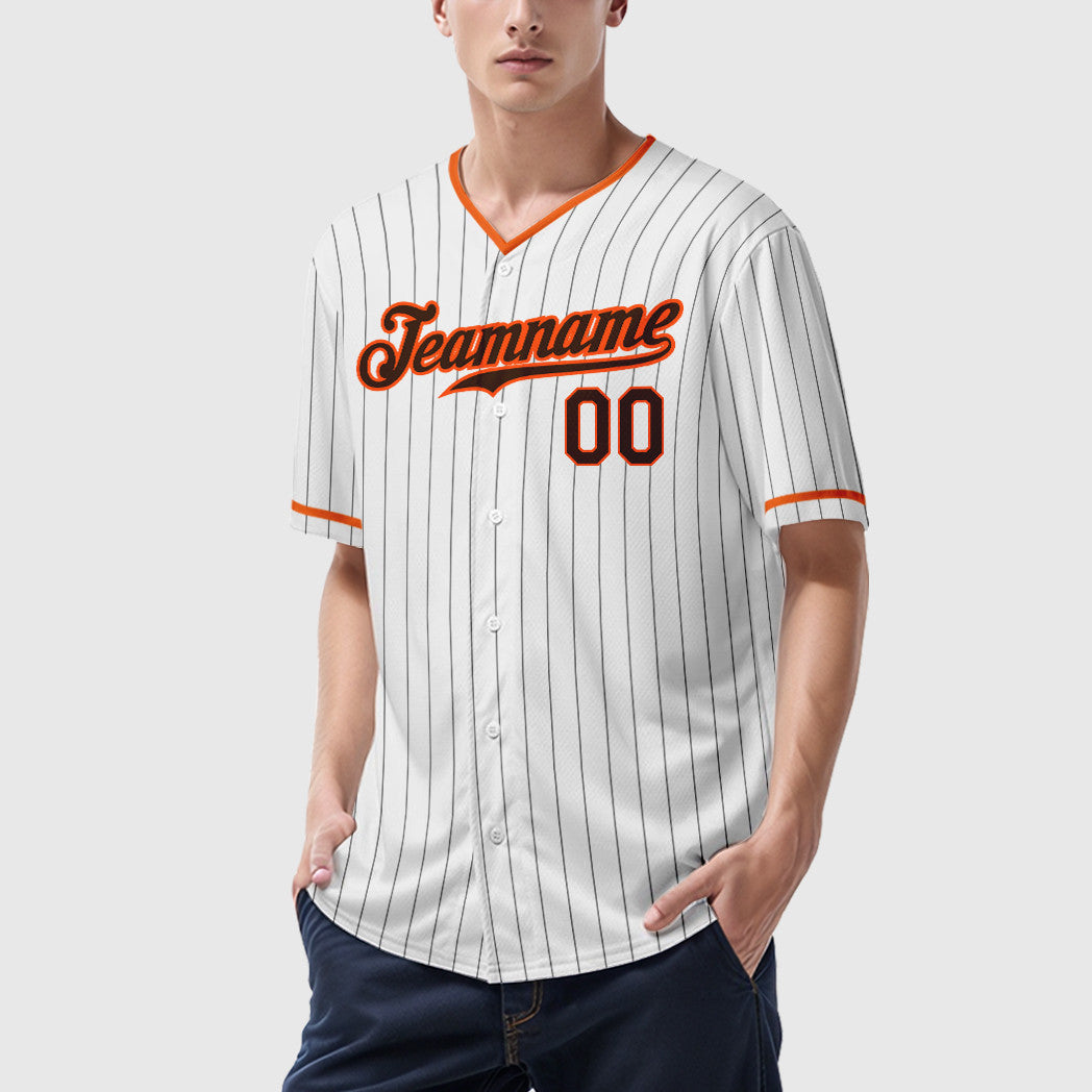 Custom White Brown Brown-Orange Pinstripe Baseball Jersey