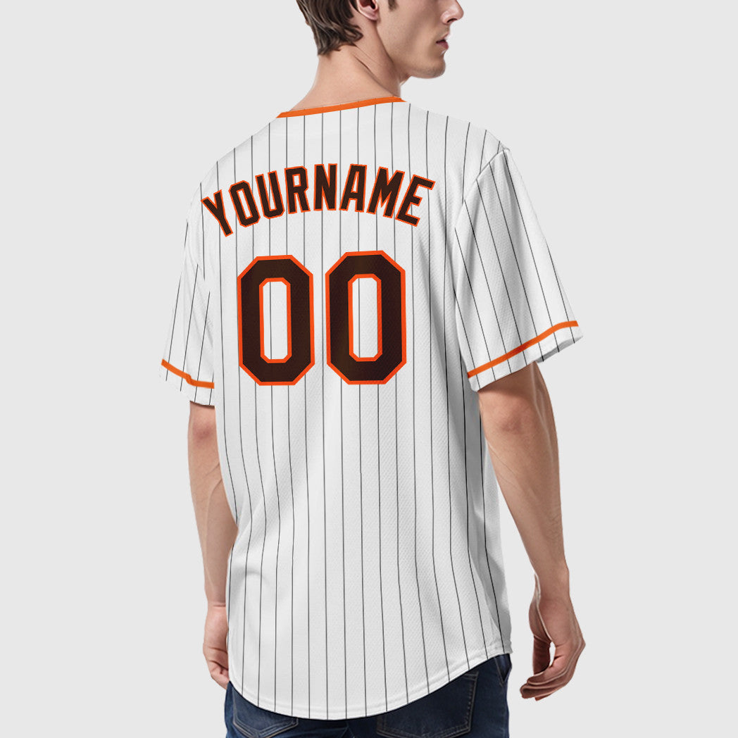 Custom White Brown Brown-Orange Pinstripe Baseball Jersey