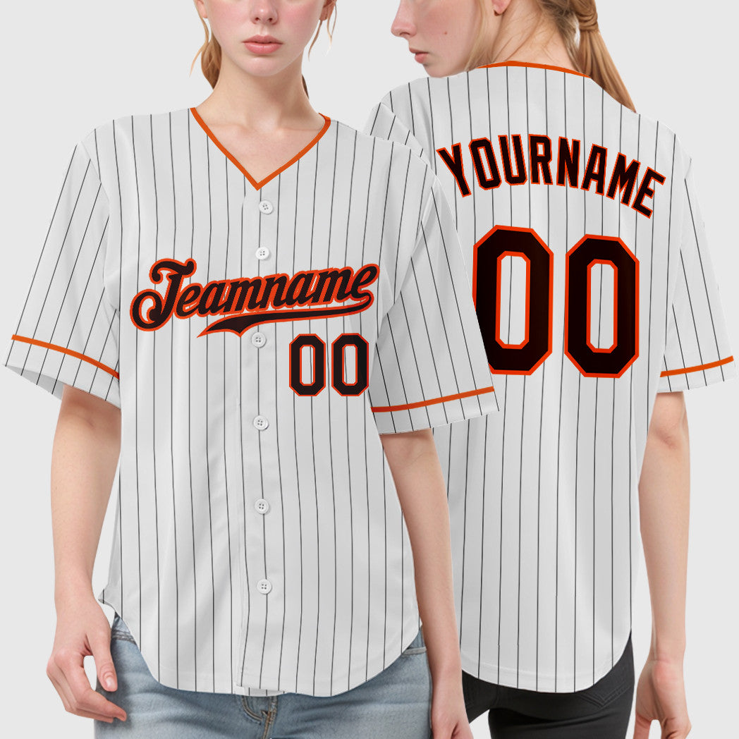 Custom White Brown Brown-Orange Pinstripe Baseball Jersey