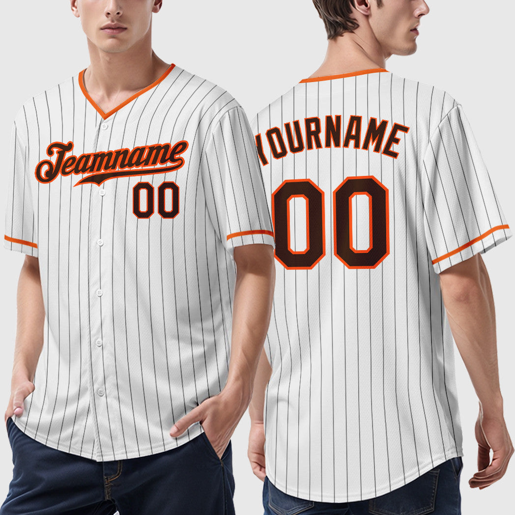 Custom White Brown Brown-Orange Pinstripe Baseball Jersey