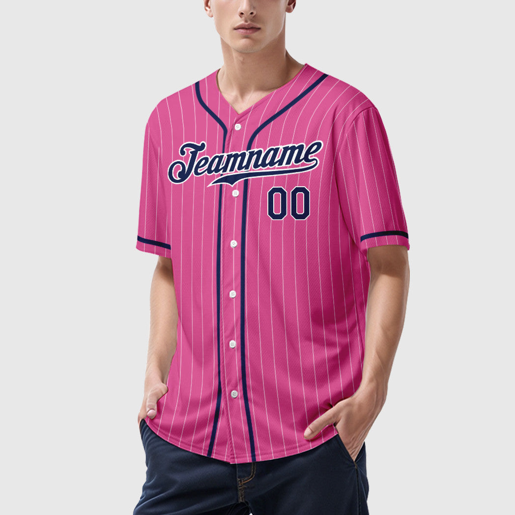 Custom Pink White Navy Piping Pinstripe Baseball Jersey