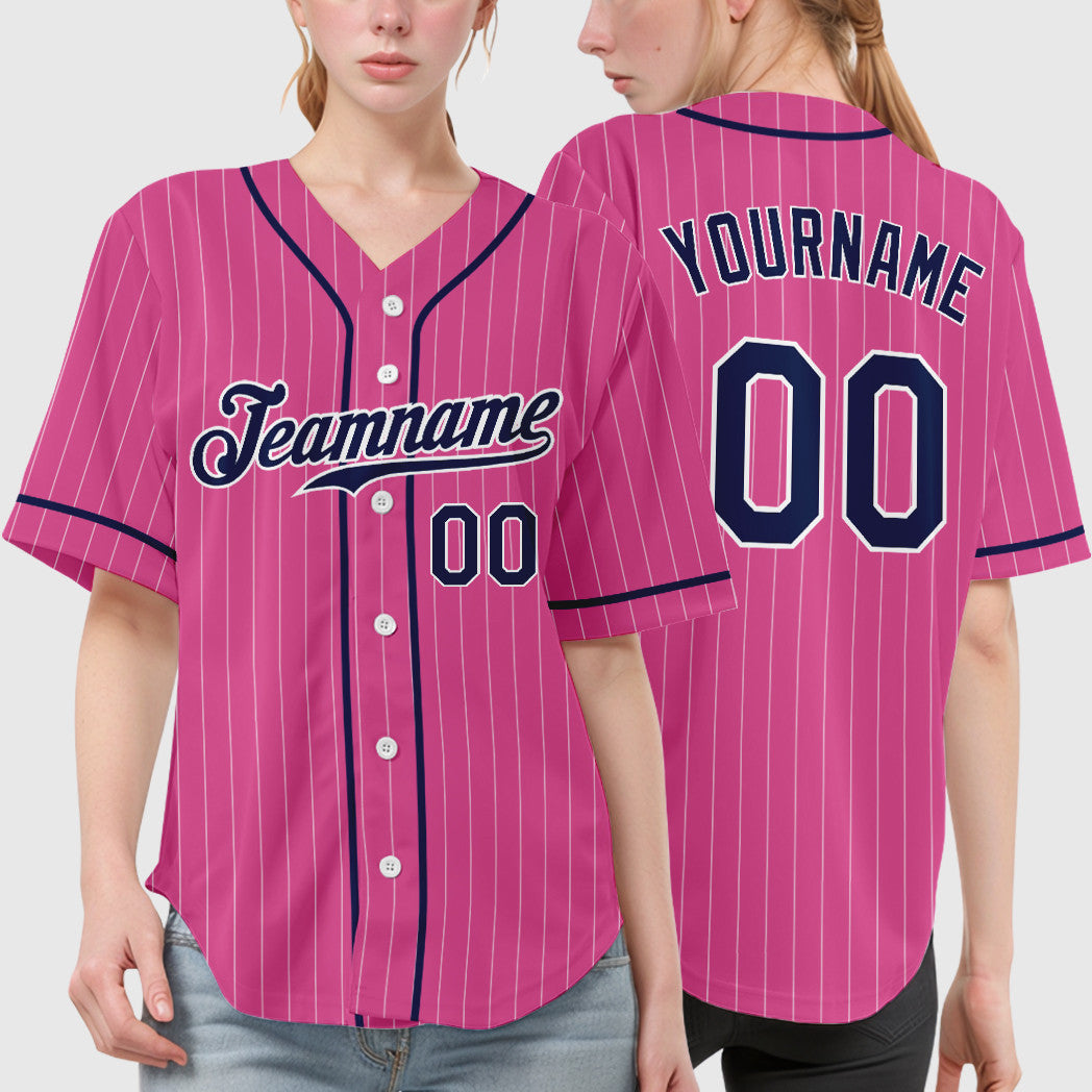Custom Pink White Navy Piping Pinstripe Baseball Jersey