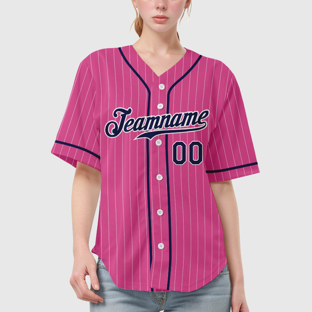Custom Pink White Navy Piping Pinstripe Baseball Jersey