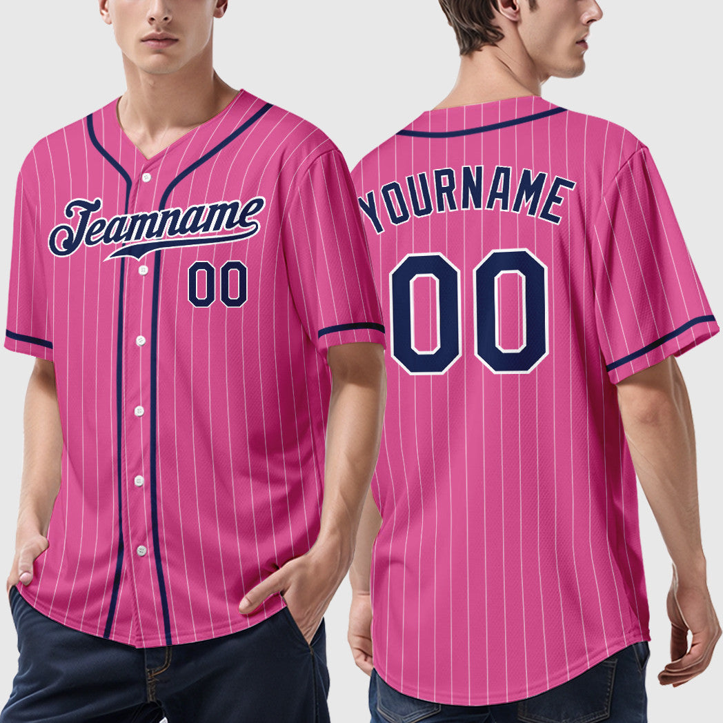 Custom Pink White Navy Piping Pinstripe Baseball Jersey