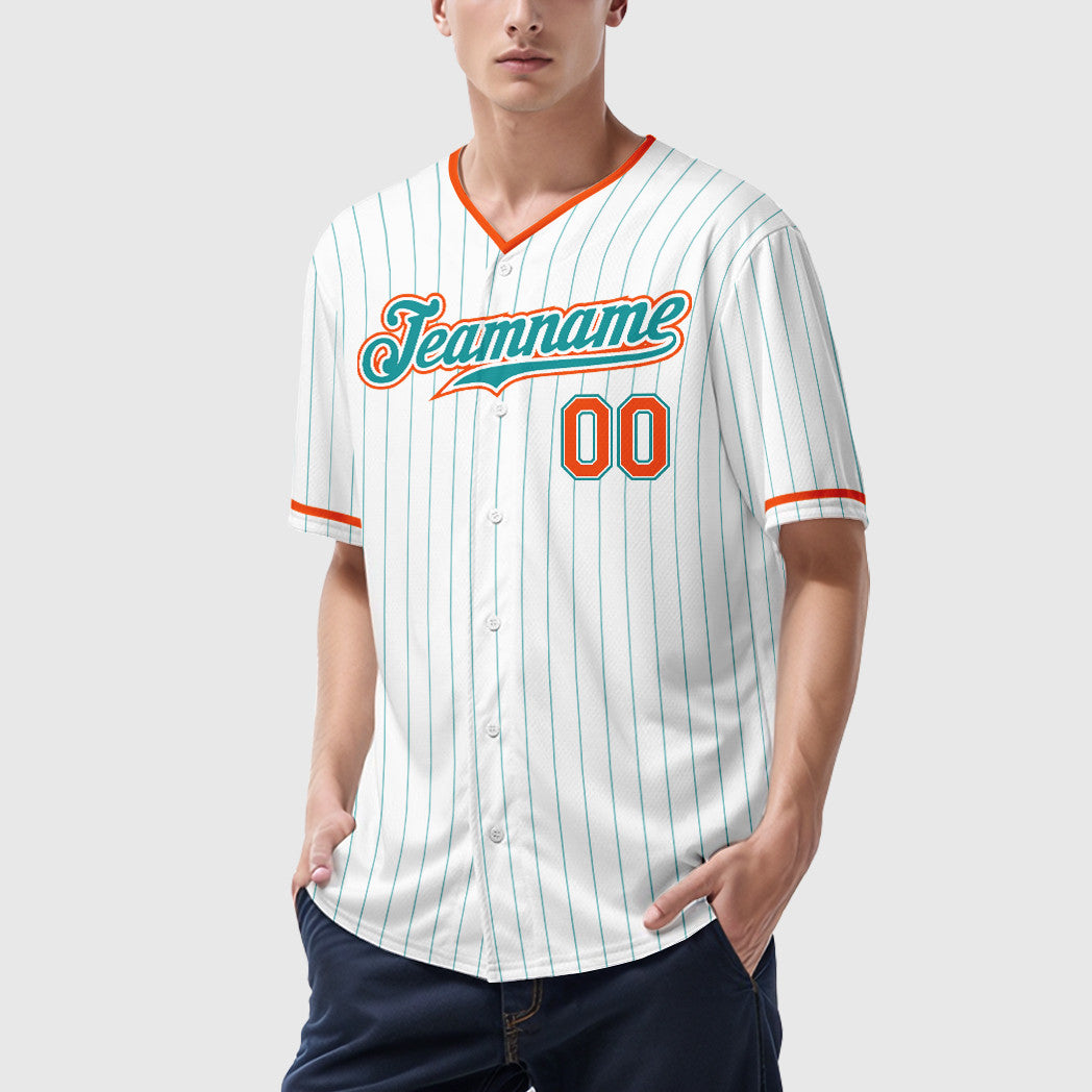 Custom White Teal Teal-Orange Pinstripe Baseball Jersey