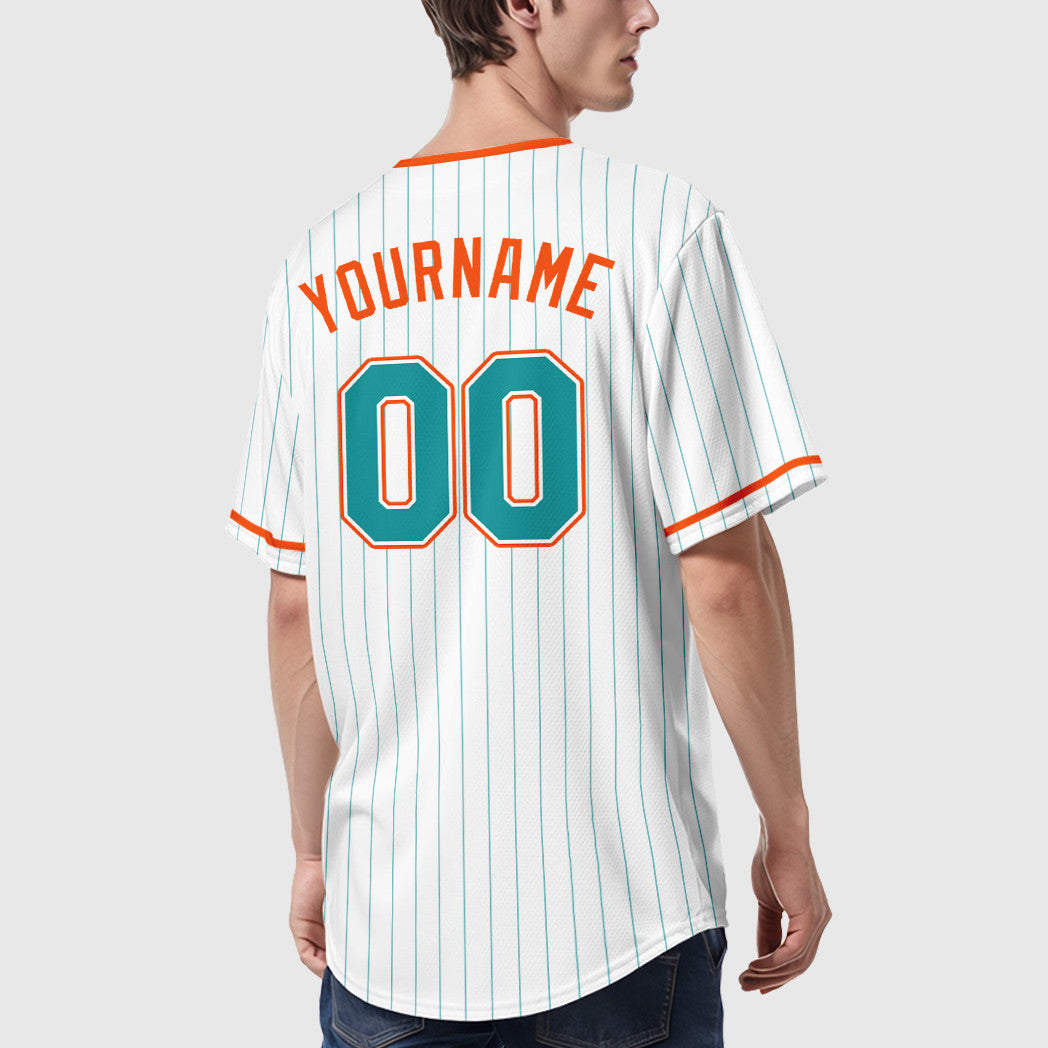 Custom White Teal Teal-Orange Pinstripe Baseball Jersey