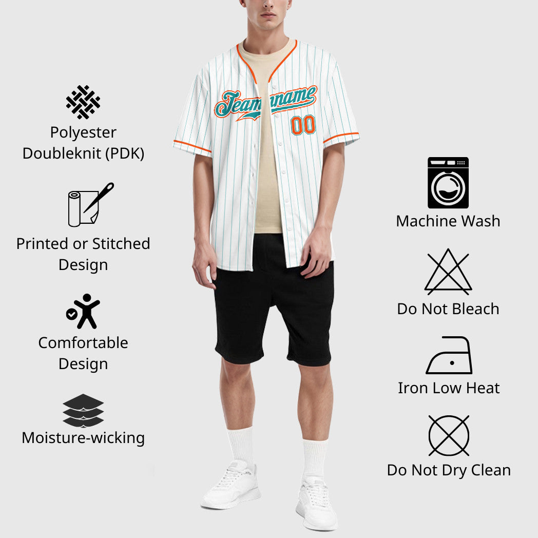 Custom White Teal Teal-Orange Pinstripe Baseball Jersey