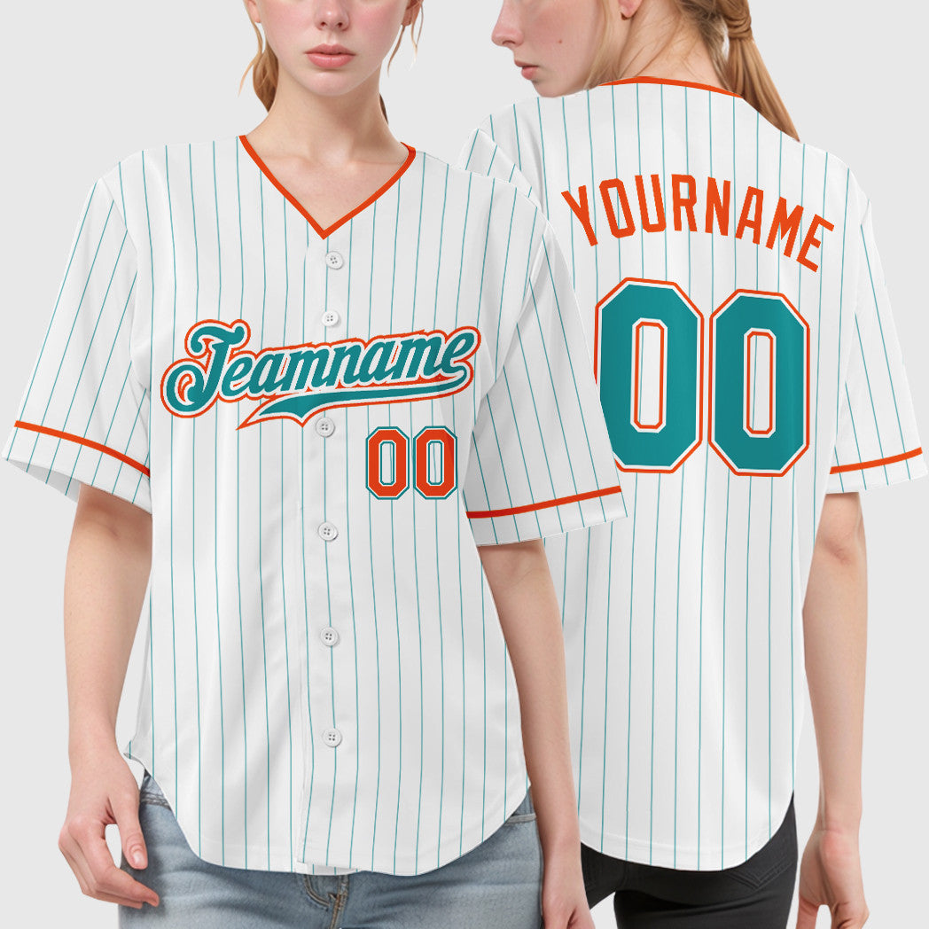 Custom White Teal Teal-Orange Pinstripe Baseball Jersey