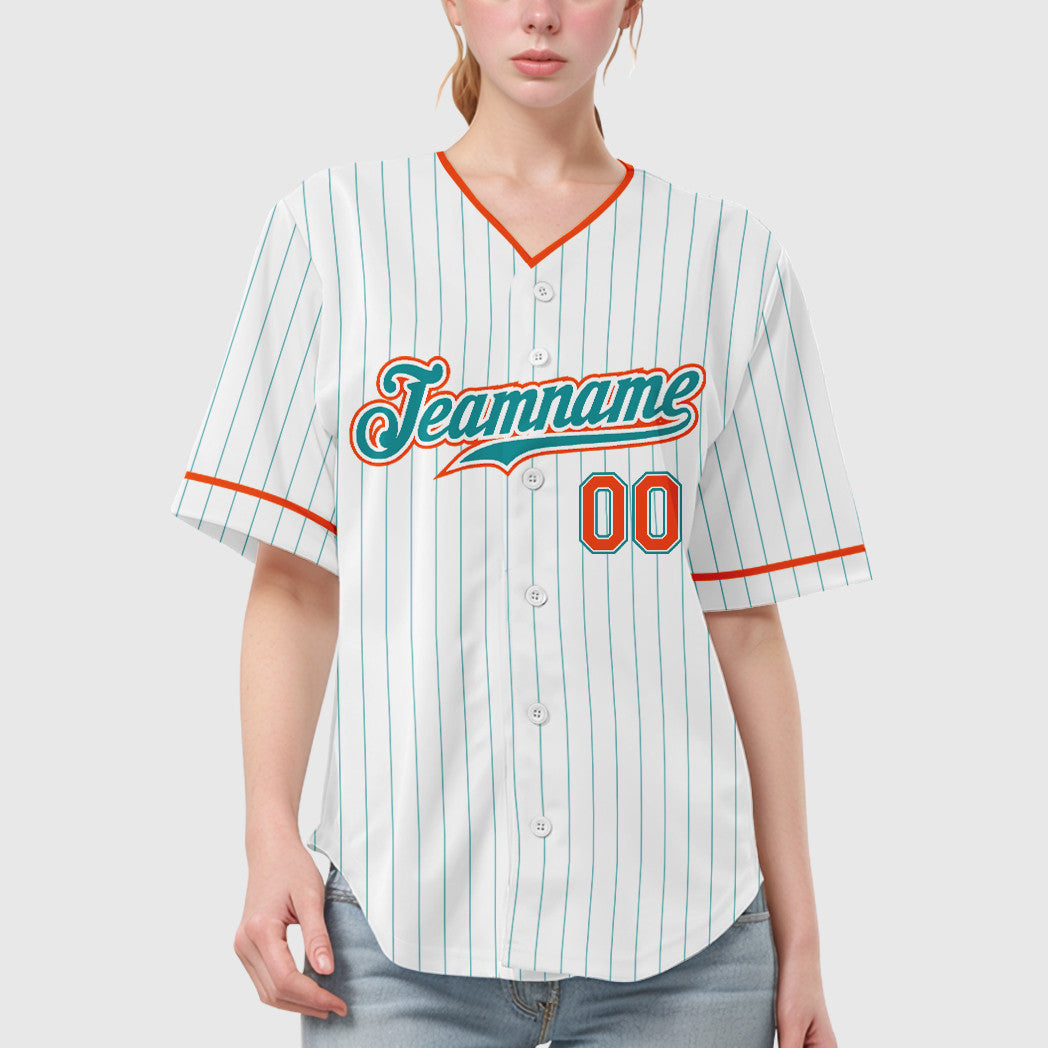 Custom White Teal Teal-Orange Pinstripe Baseball Jersey
