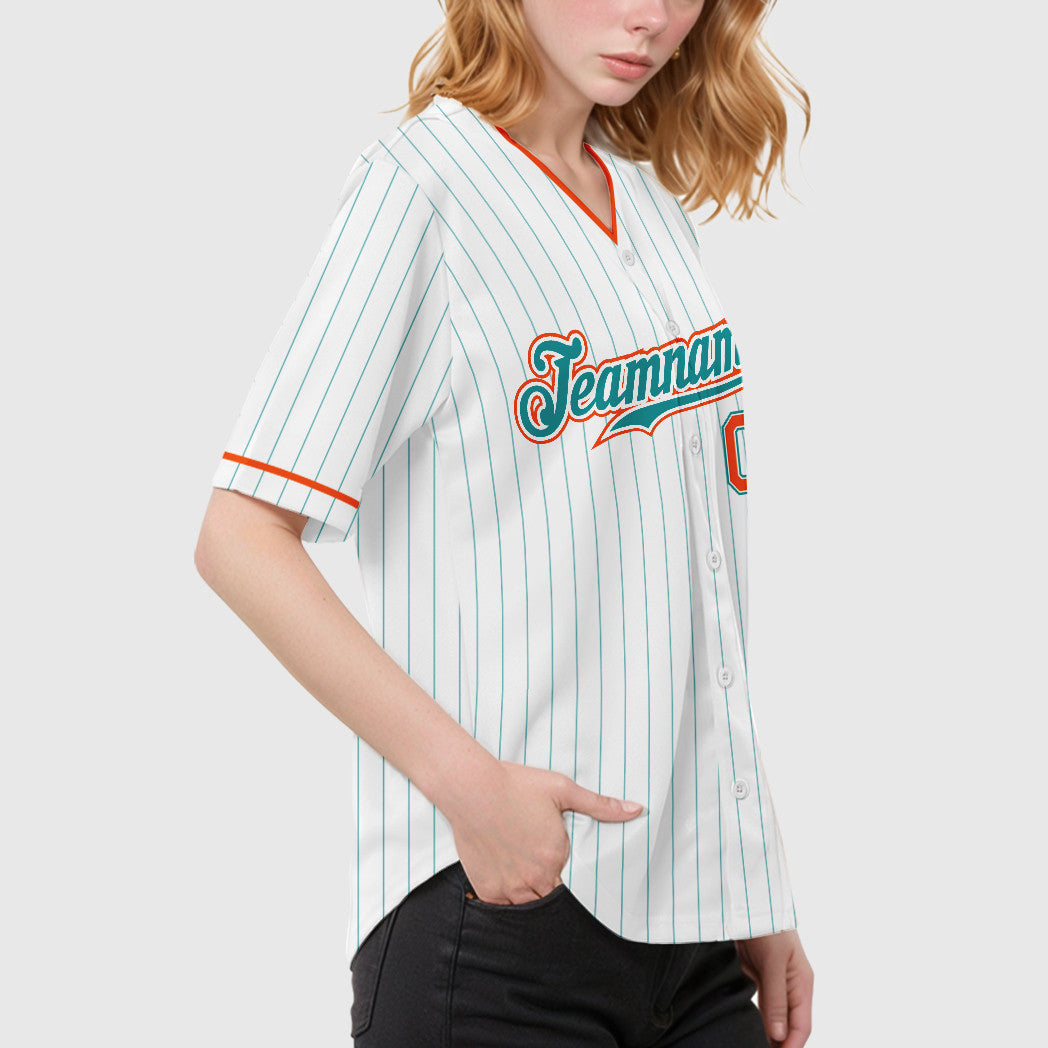 Custom White Teal Teal-Orange Pinstripe Baseball Jersey
