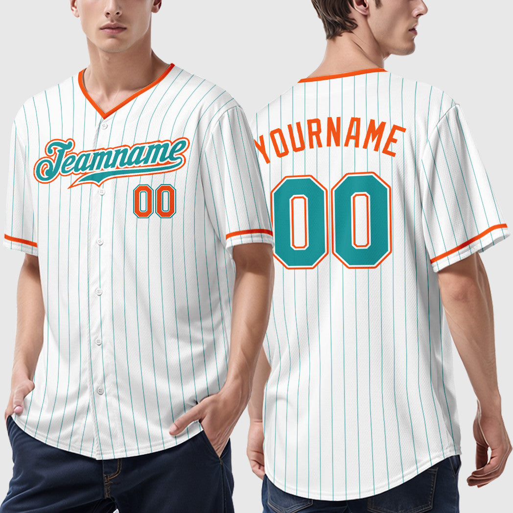 Custom White Teal Teal-Orange Pinstripe Baseball Jersey