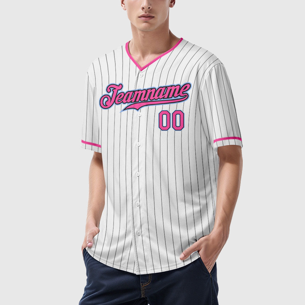 Custom White Black Pink-Light Blue Pinstripe Baseball Jersey