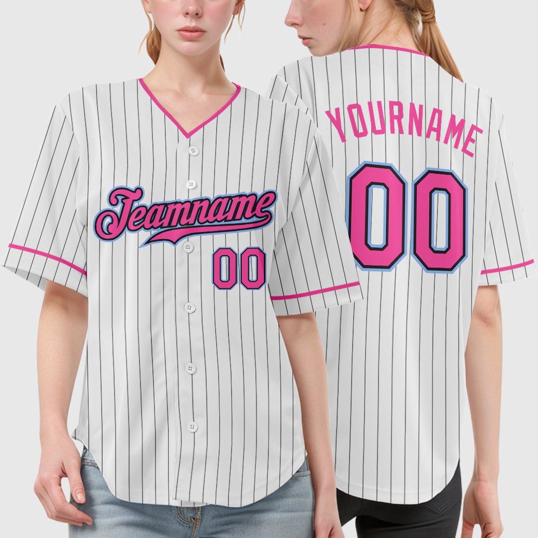 Custom White Black Pink-Light Blue Pinstripe Baseball Jersey