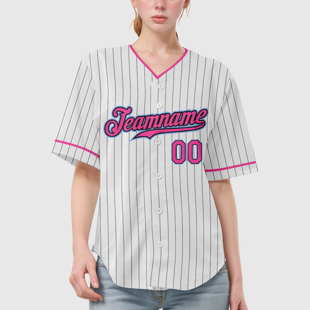 Custom White Black Pink-Light Blue Pinstripe Baseball Jersey