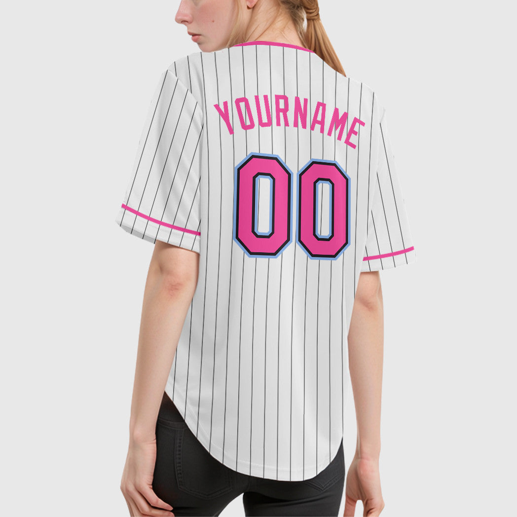 Custom White Black Pink-Light Blue Pinstripe Baseball Jersey